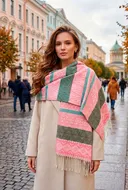 Шаль узкая с розовым, коричневым и бирюзовым орнаментом, 204 х 64 см. 